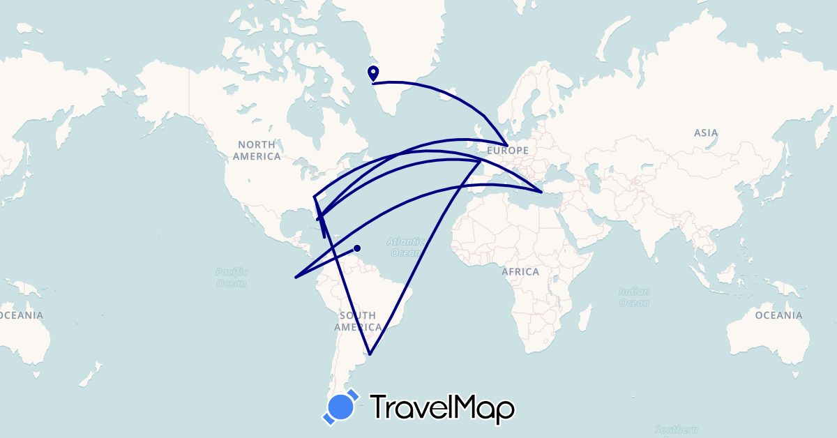 TravelMap itinerary: driving in Bahamas, Germany, Ecuador, France, United Kingdom, Greenland, Greece, Jamaica, United States, Uruguay, Saint Vincent and the Grenadines (Europe, North America, South America)